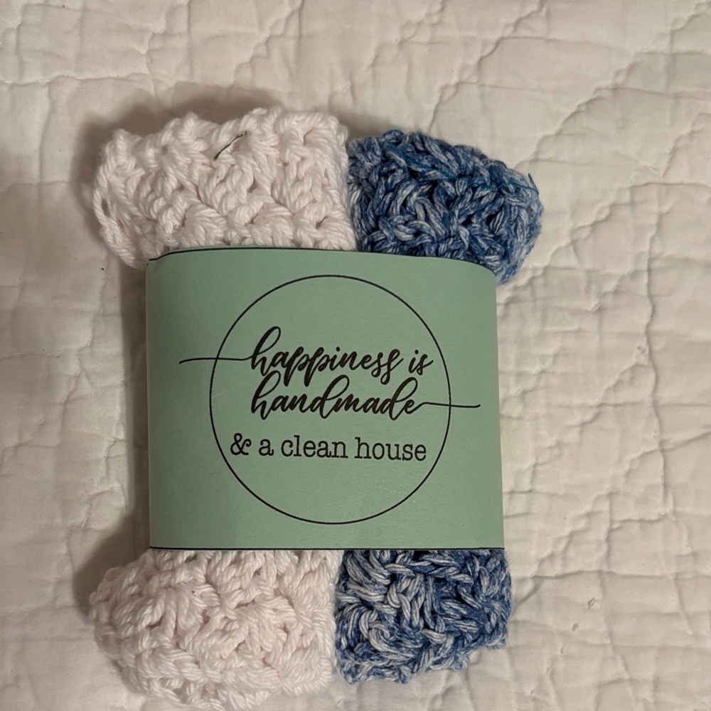 Handmade Crochet Dishcloth Set - White and Blue